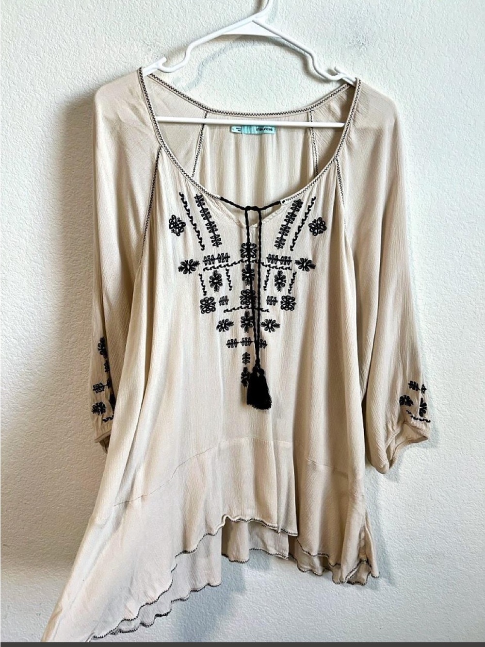 Boho Embroidered Peasant Top in Cream with Black Accents - Picture 2 of 8